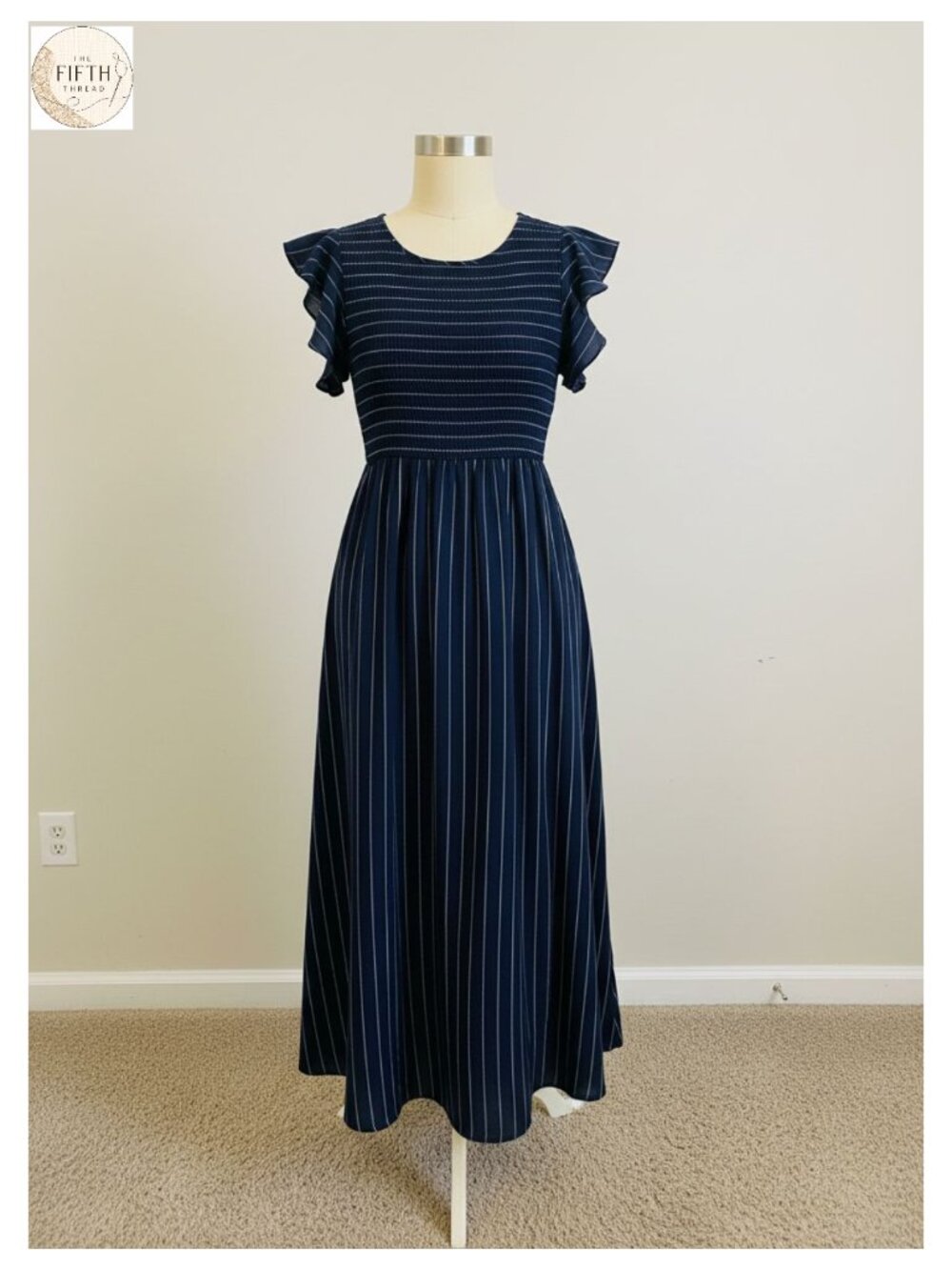 Women Linen Midi Dress Smocked Flutter Sleeve Flowy Pockets Casual
